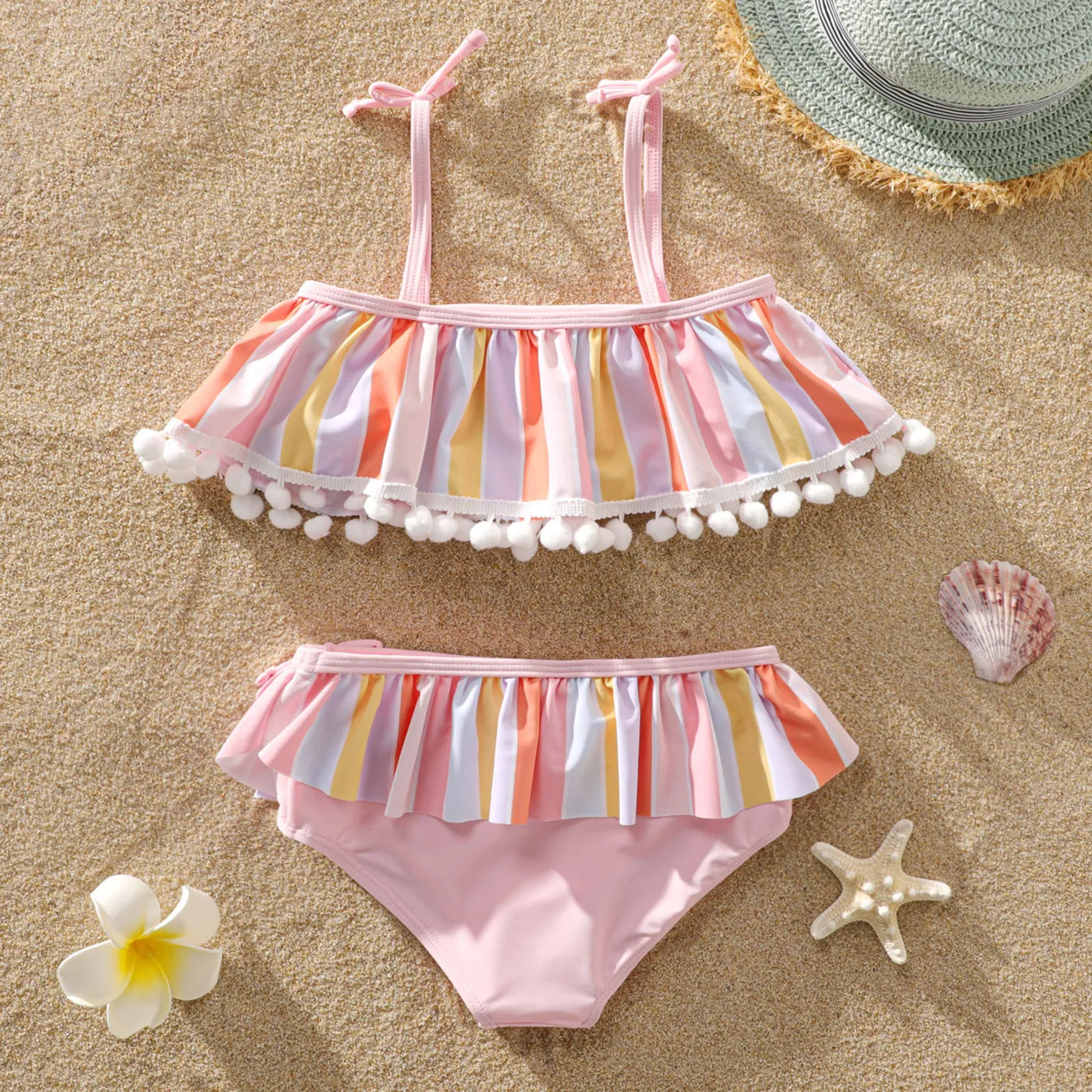 2Pcs Toddler Girl Colorful Stripe Pom Pom Decor Two-piece Swimsuit Set  image 2