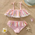 2Pcs Toddler Girl Colorful Stripe Pom Pom Decor Two-piece Swimsuit Set  image 2