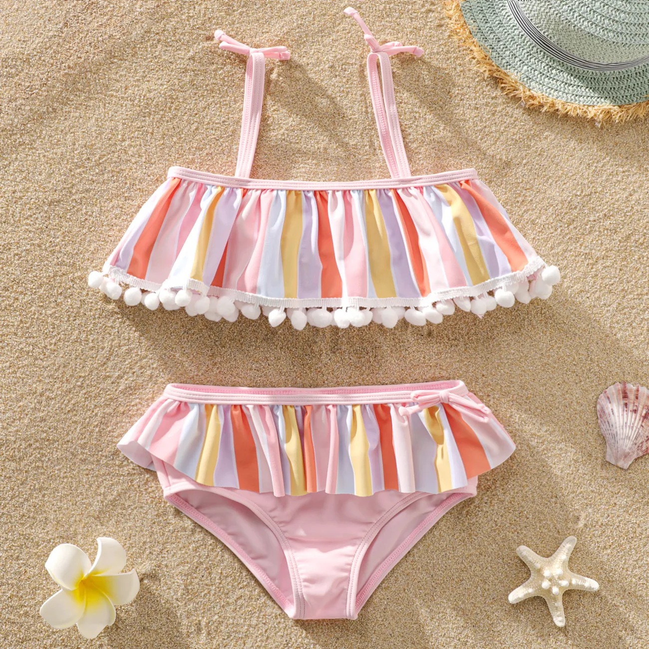 2Pcs Toddler Girl Colorful Stripe Pom Pom Decor Two-piece Swimsuit Set  big image 1