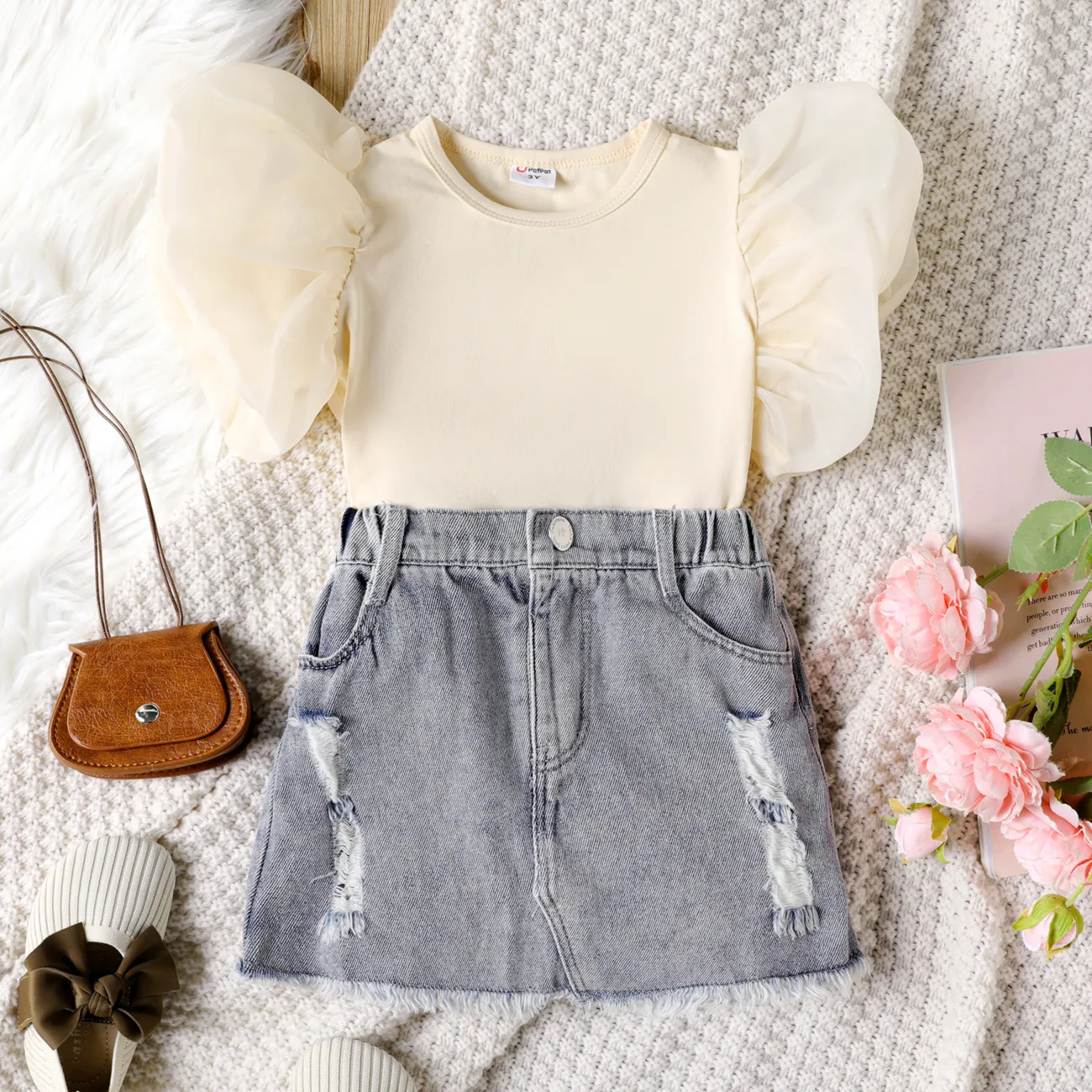 2pcs Toddler Girl Mesh Puff-sleeve Tee and Denim Skirt Set Apricot big image 1