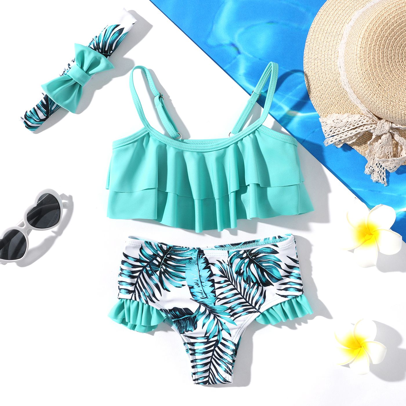 

3Pcs Toddler Girl Plant Print Ruffled Two-piece Swimsuit Set
