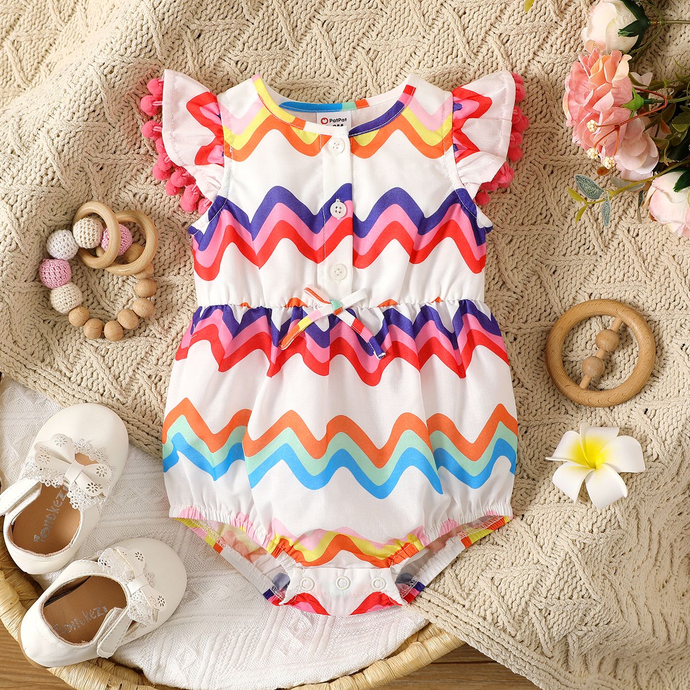 

Baby Girl Colorful Chevron Striped Flutter-sleeve Pom Poms Romper