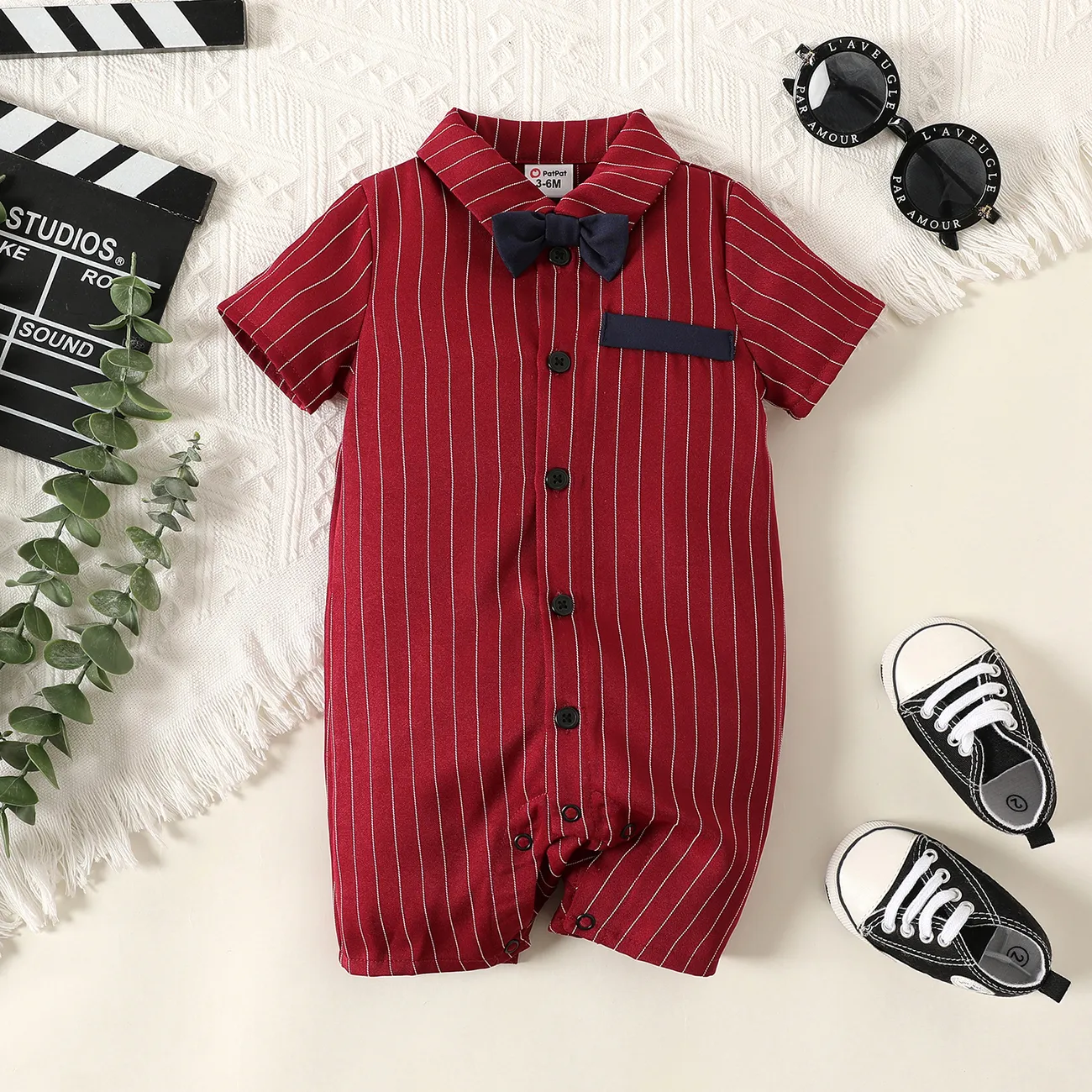 Baby Boy Bow Tie Decor Red Striped Short-sleeve Romper Red big image 1