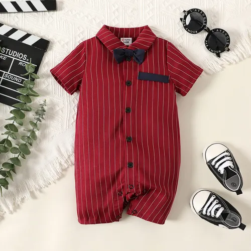 Baby Boy Bow Tie Decor Red Striped Short-sleeve Romper