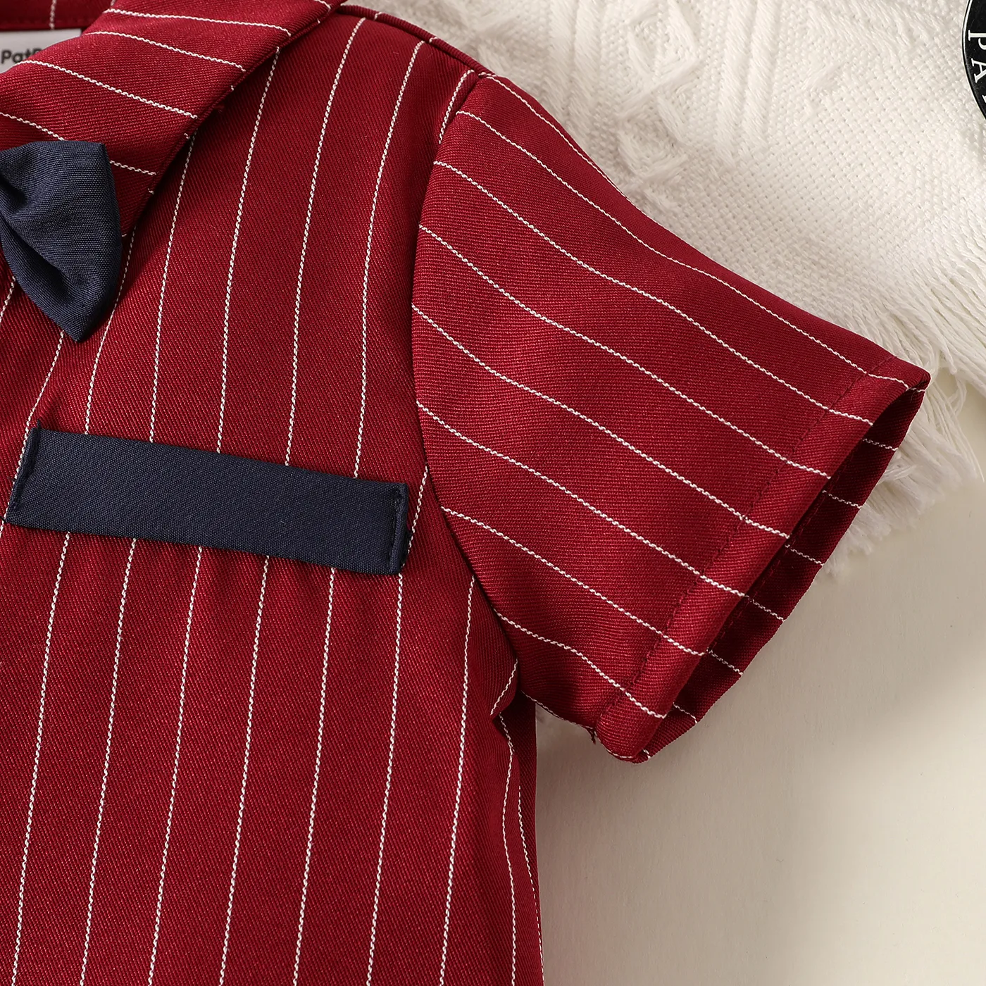 Baby Boy Bow Tie Decor Red Striped Short-sleeve Romper Red image 4