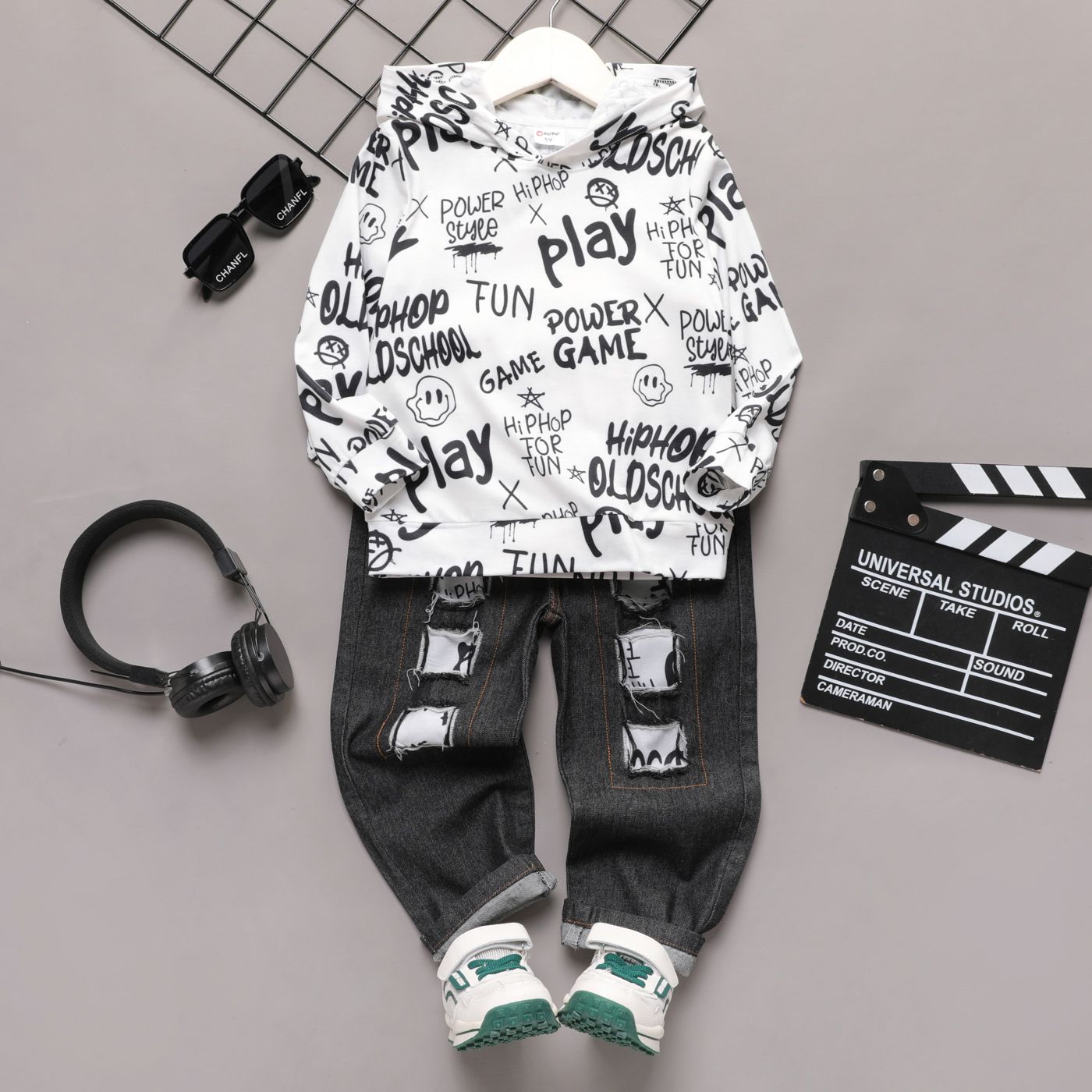 

2pcs Toddler Girl/Boy Naia Letter Print Hoodie Sweatshirt and Patchwork Ripped Denim Jeans Set