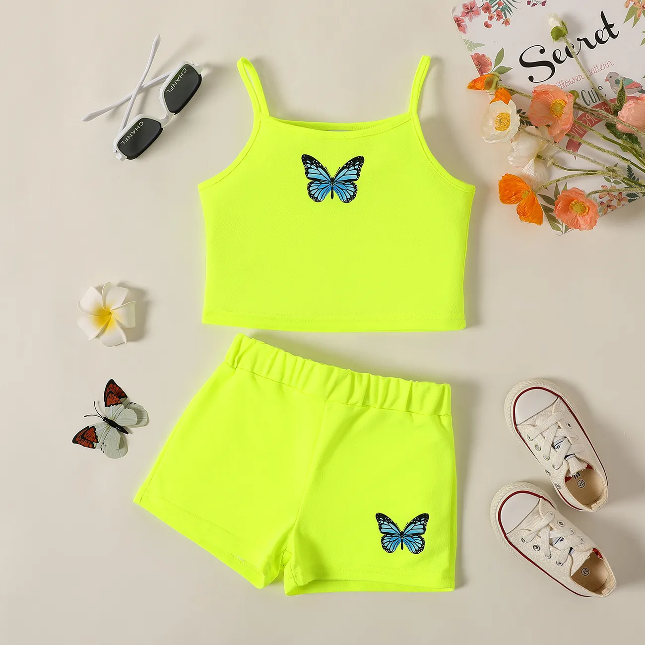 2pcs Toddler Girl Butterfly Print Camisole and Shorts Set Green big image 1