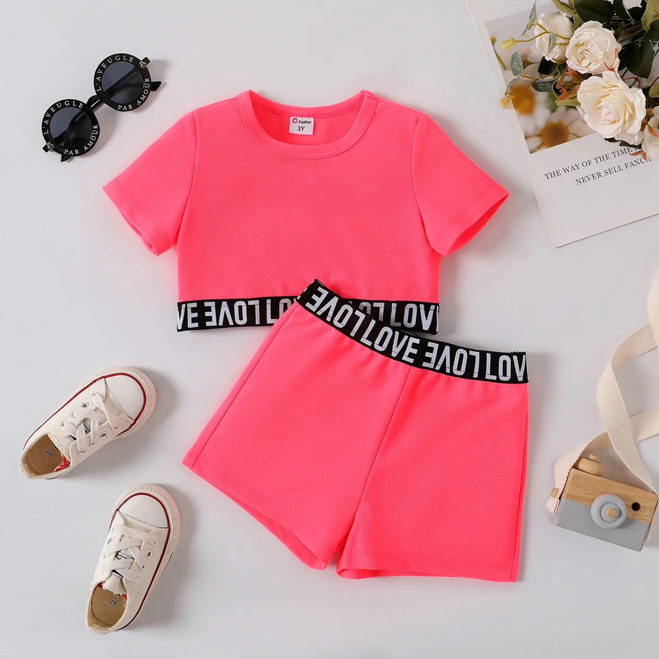2pcs Toddler Girl Letter Print Webbing Design Short-sleeve Tee and Shorts Set Hot Pink big image 1