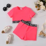 2pcs Toddler Girl Letter Print Webbing Design Short-sleeve Tee and Shorts Set Hot Pink