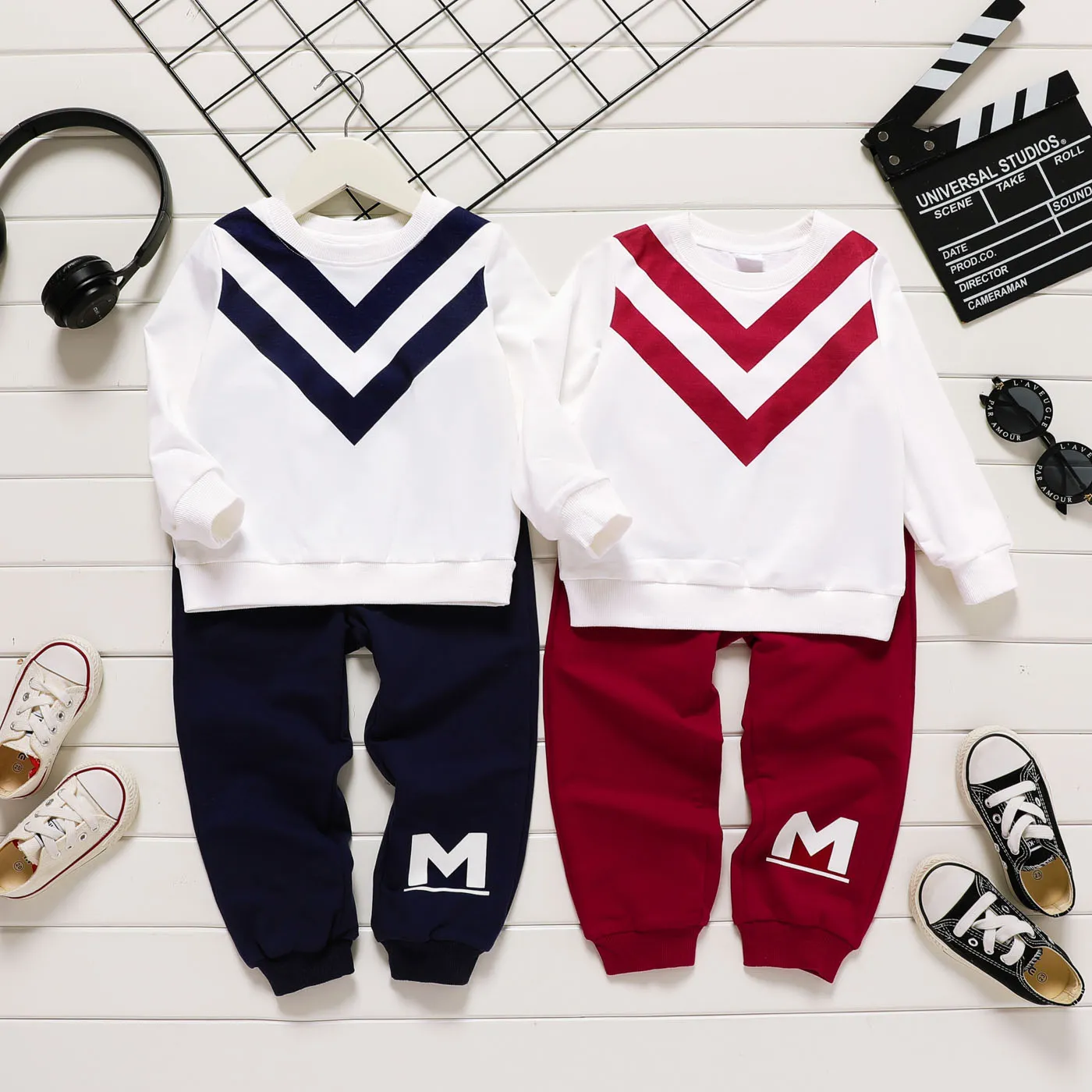2pcs Toddler Boy Naia Chevron Stripes Sweatshirt and Letter Print Pants Set