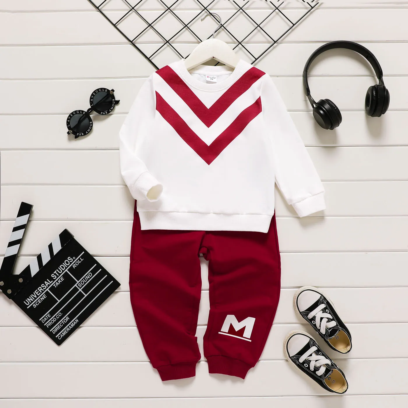 2pcs Toddler Boy Naia Chevron Stripes Sweatshirt And Letter Print Pants Set