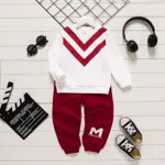 2pcs Toddler Boy Naia Chevron Stripes Sweatshirt and Letter Print Pants Set Burgundy