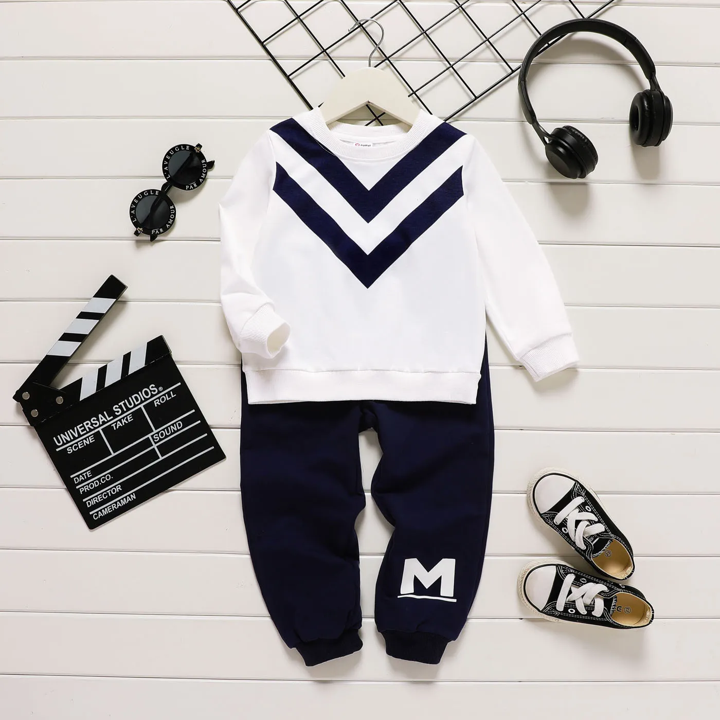 

2pcs Toddler Boy Naia Chevron Stripes Sweatshirt and Letter Print Pants Set