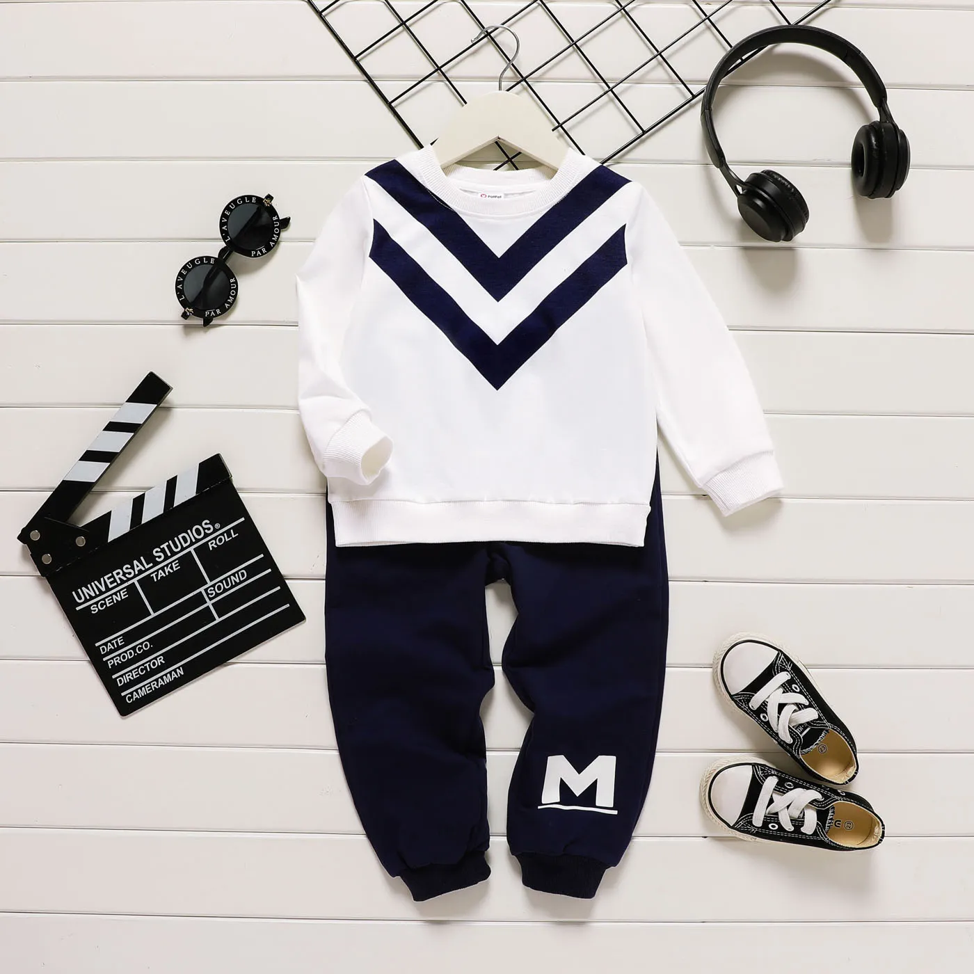2pcs Toddler Boy Naia Chevron Stripes Sweatshirt and Letter Print Pants Set  big image 1