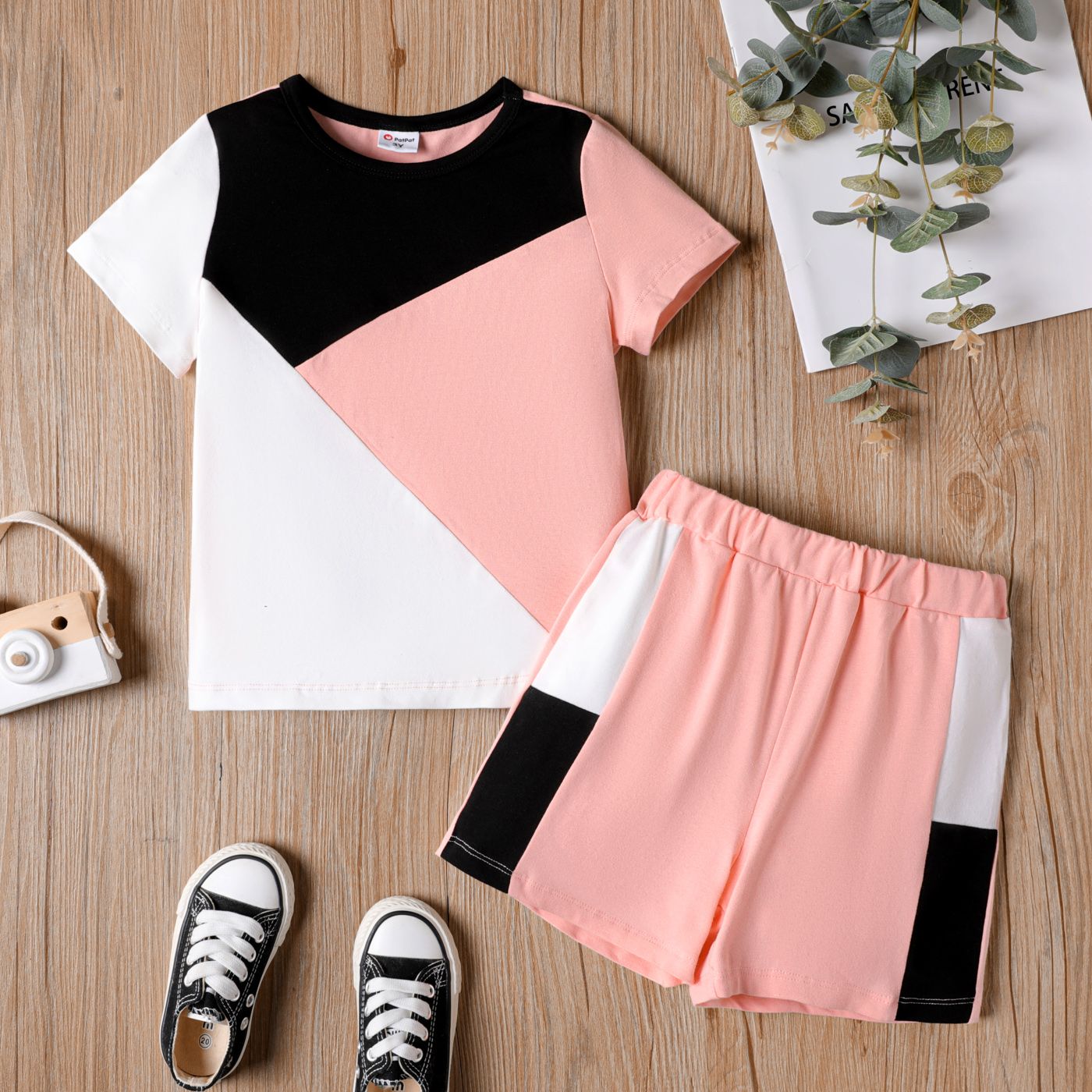 2Pcs Toddler Girl Color Block Short-sleeve Cotton Top And Shorts Set