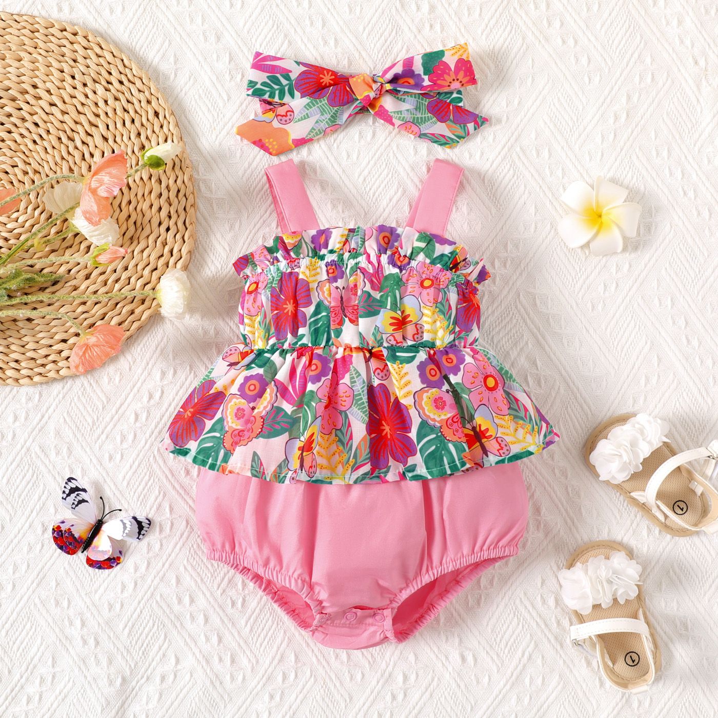 

2pcs Baby Girl 100% Cotton Allover Floral Print Spliced Romper & Headband Set