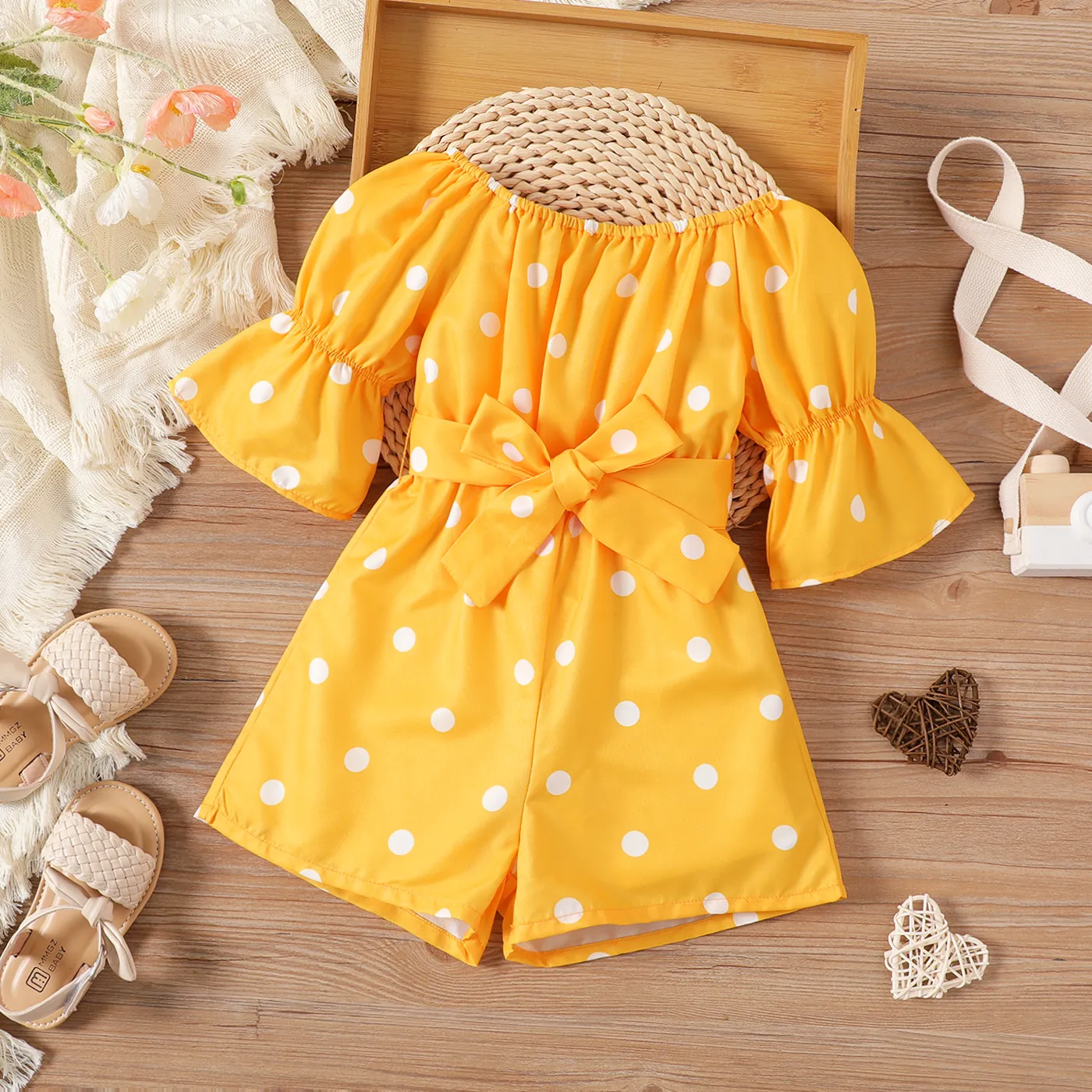 Toddler Girl Polka dots Bell sleeves Belted Romper Jumpsuit Shorts Ginger