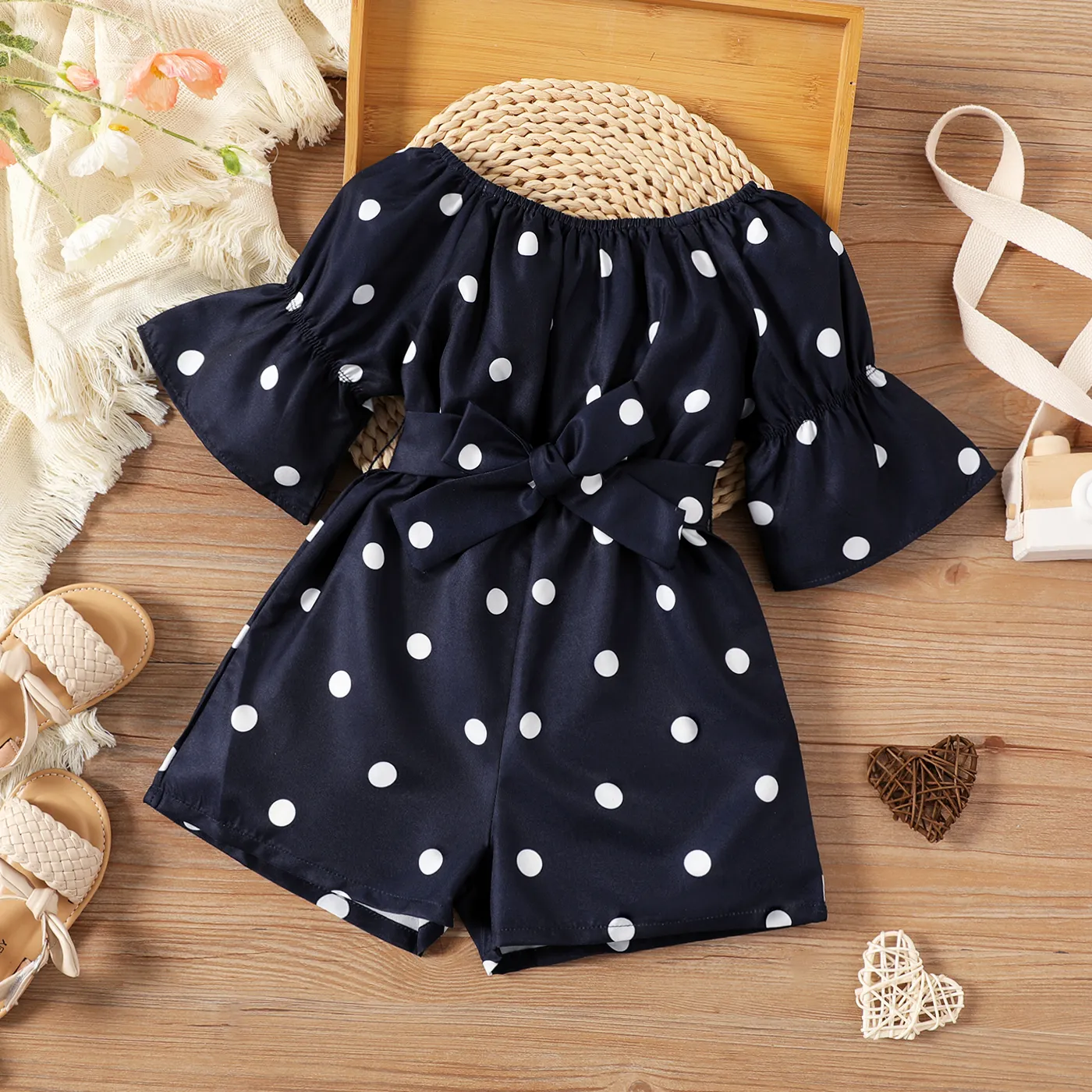 Toddler Girl Polka dots Bell sleeves Belted Romper Jumpsuit Shorts Black