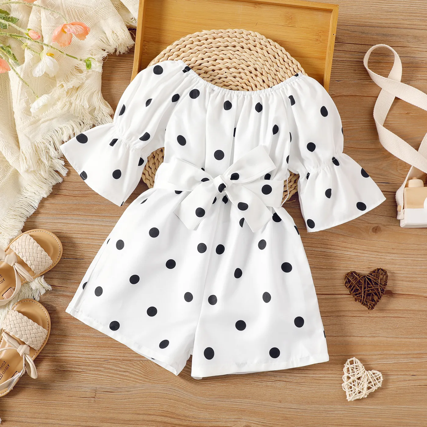 Toddler Girl Polka dots Bell sleeves Belted Romper Jumpsuit Shorts  big image 1