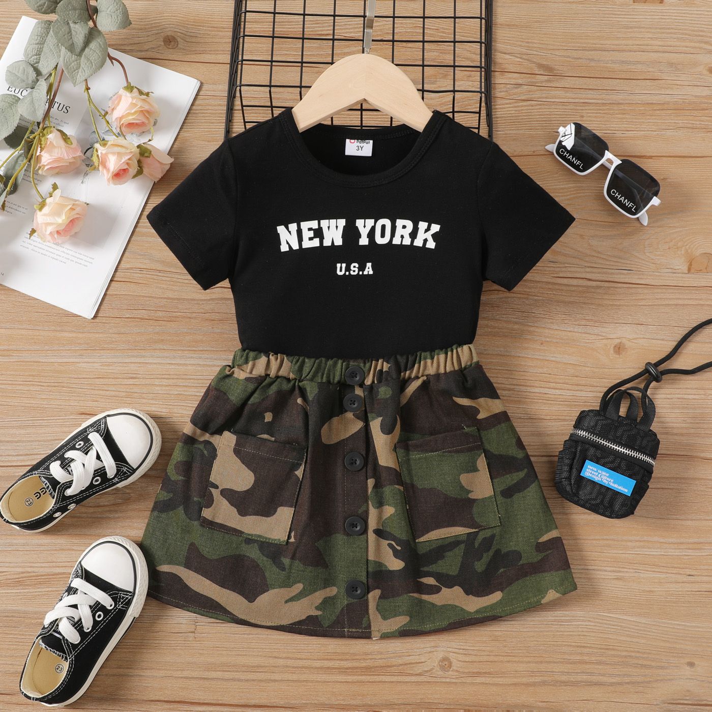 2pcs Toddler Girl Cotton Letter Print Short-sleeve Tee And Camouflage Print Skirt Set