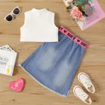 3pcs Toddler Girl Letter Print Sleeveless Tee and Irregular Denim Skirt & Belt Set  image 2