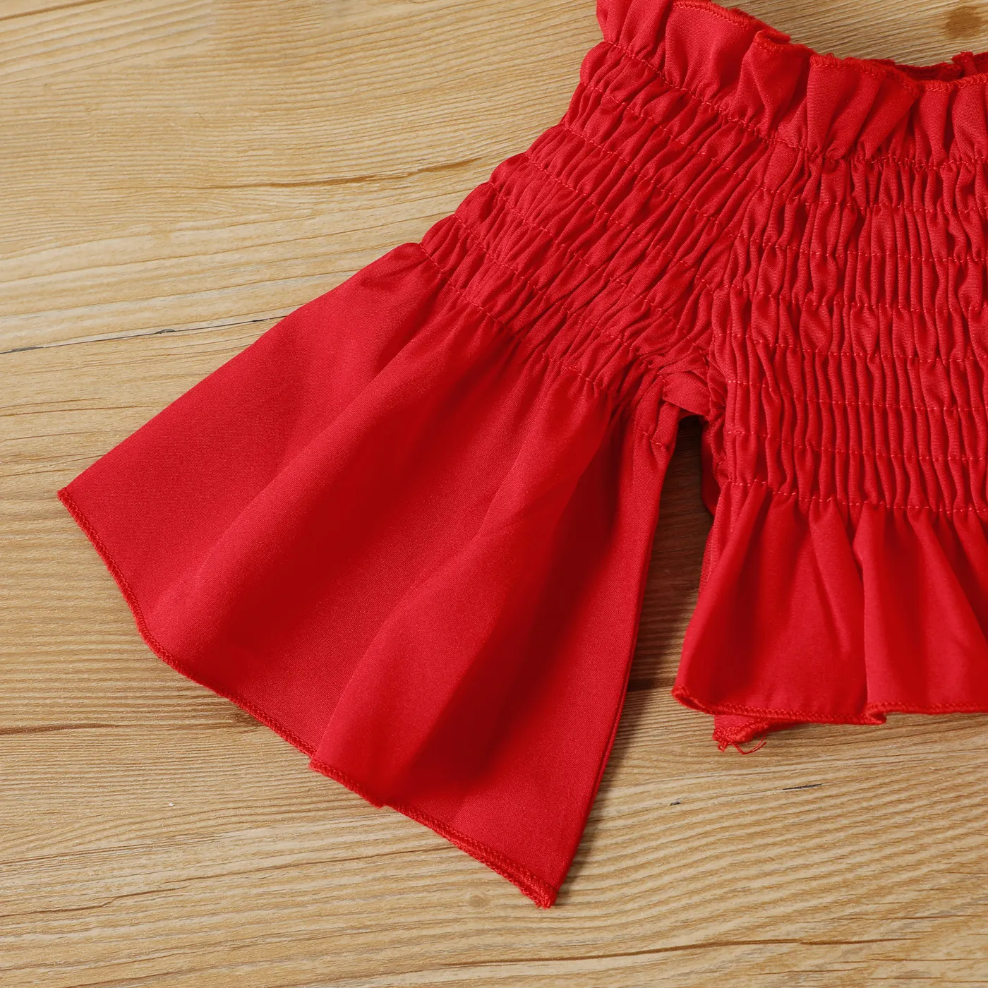 2pcs Toddler Girl Off Shoulder Smocked Bell sleeves Blouse and Ripped Denim Jeans Set Burgundy image 3