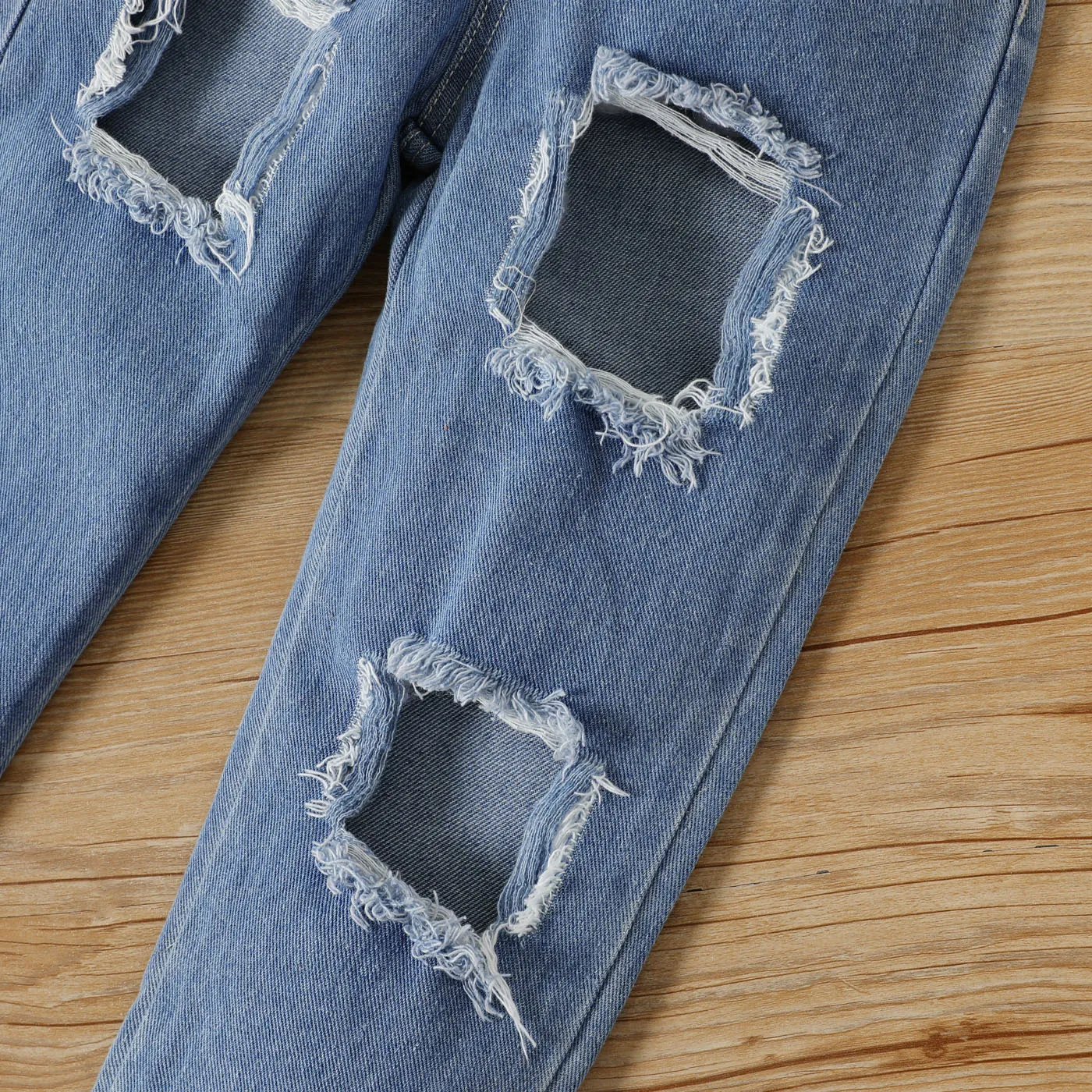 2pcs Toddler Girl Off Shoulder Smocked Bell sleeves Blouse and Ripped Denim Jeans Set Burgundy image 5