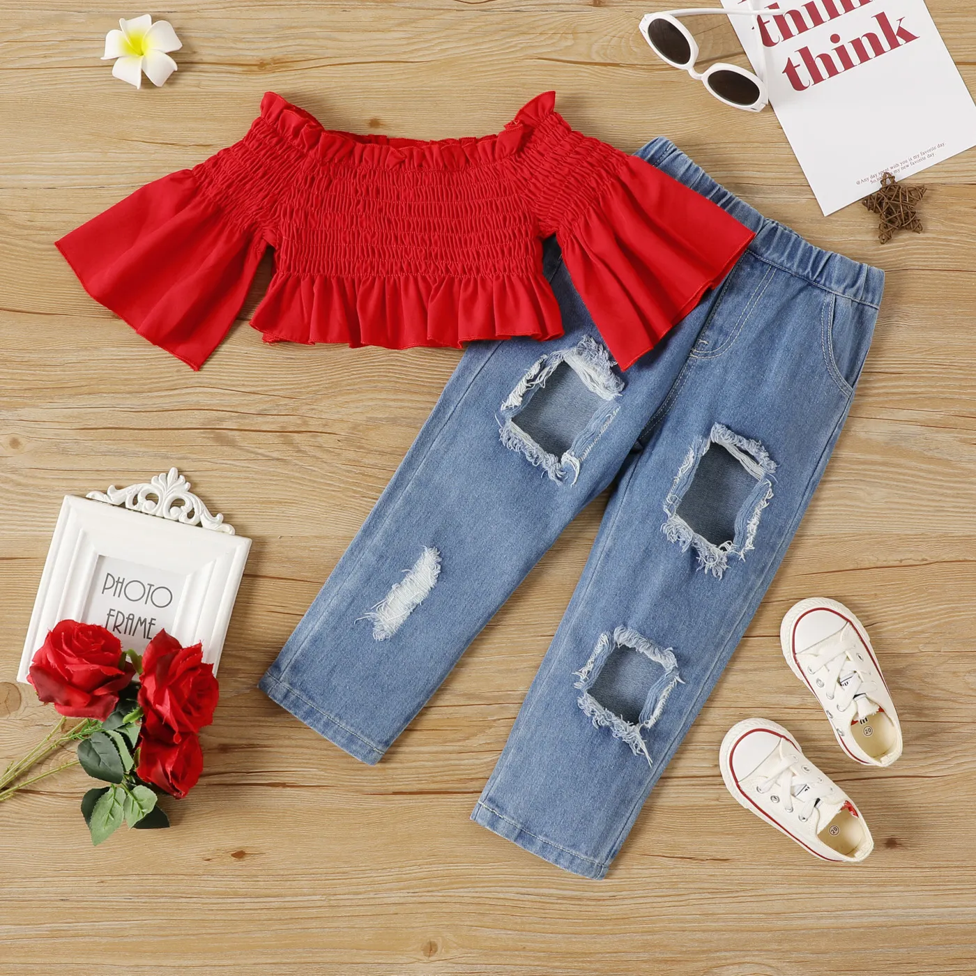 2pcs Toddler Girl Off Shoulder Smocked Bell sleeves Blouse and Ripped Denim Jeans Set Burgundy big image 1