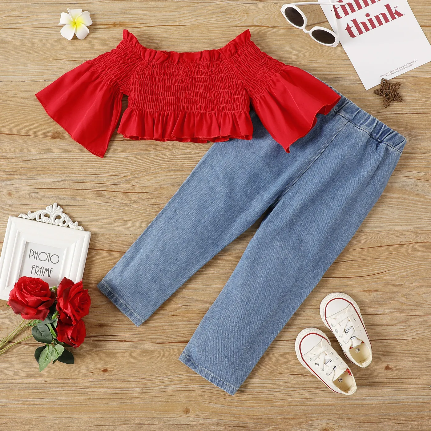 2pcs Toddler Girl Off Shoulder Smocked Bell sleeves Blouse and Ripped Denim Jeans Set Burgundy image 2