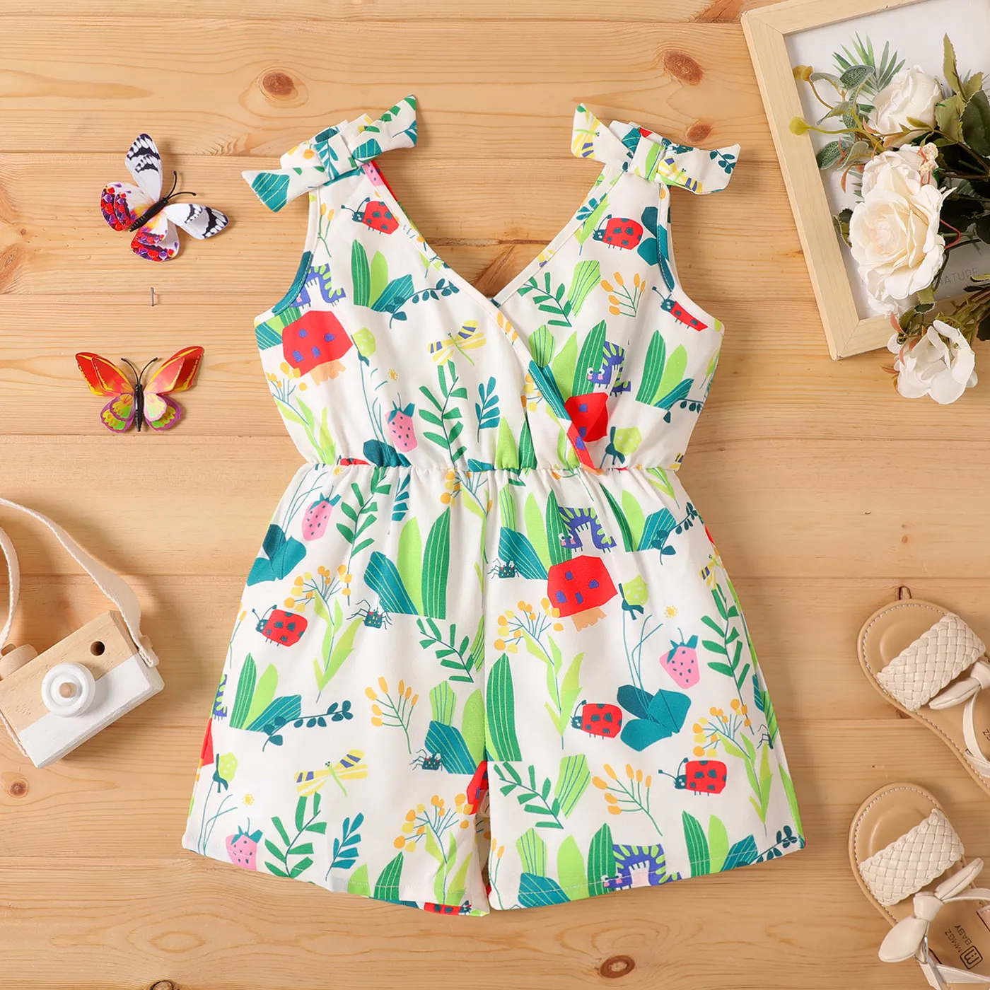 Toddler Girl Floral Print Bowknot Design Sleeveless Rompers Colorful big image 1