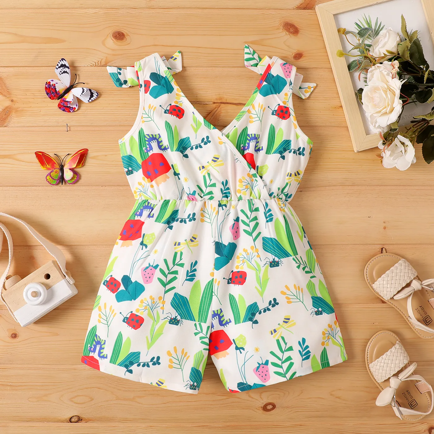 Toddler Girl Floral Print Bowknot Design Sleeveless Rompers Colorful image 2