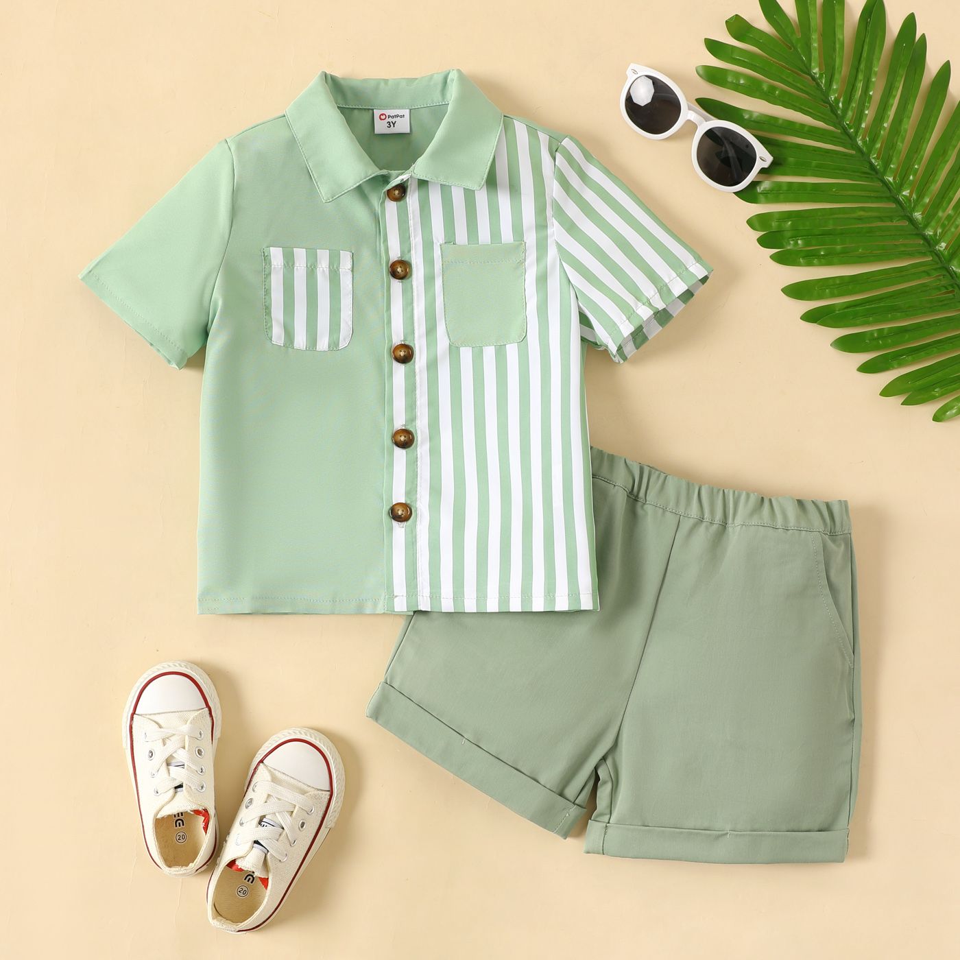 

2pcs Toddler Boy 100% Cotton Rolled Hem Shorts and Stripe Panel Shirt Set