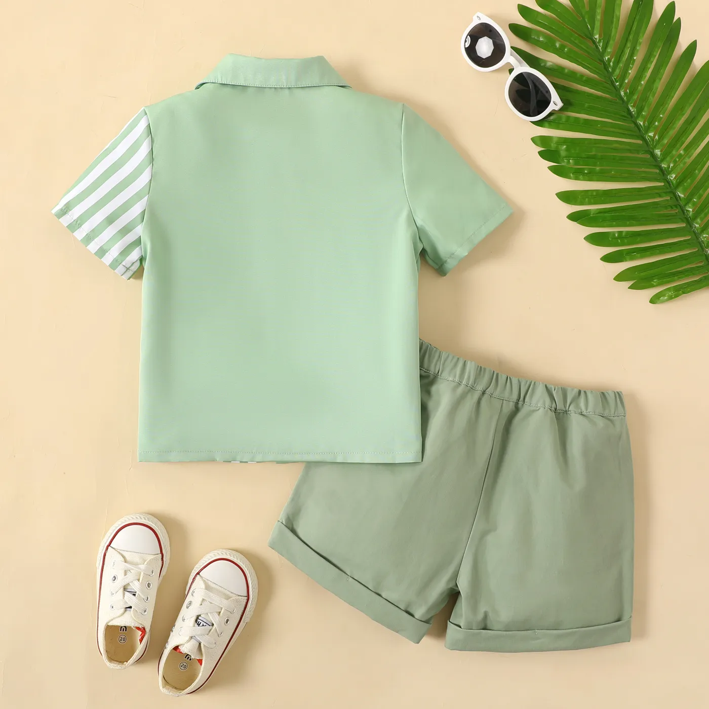 2pcs Toddler Boy 100% Cotton Rolled Hem Shorts and Stripe Panel Shirt Set SpringGreen image 2