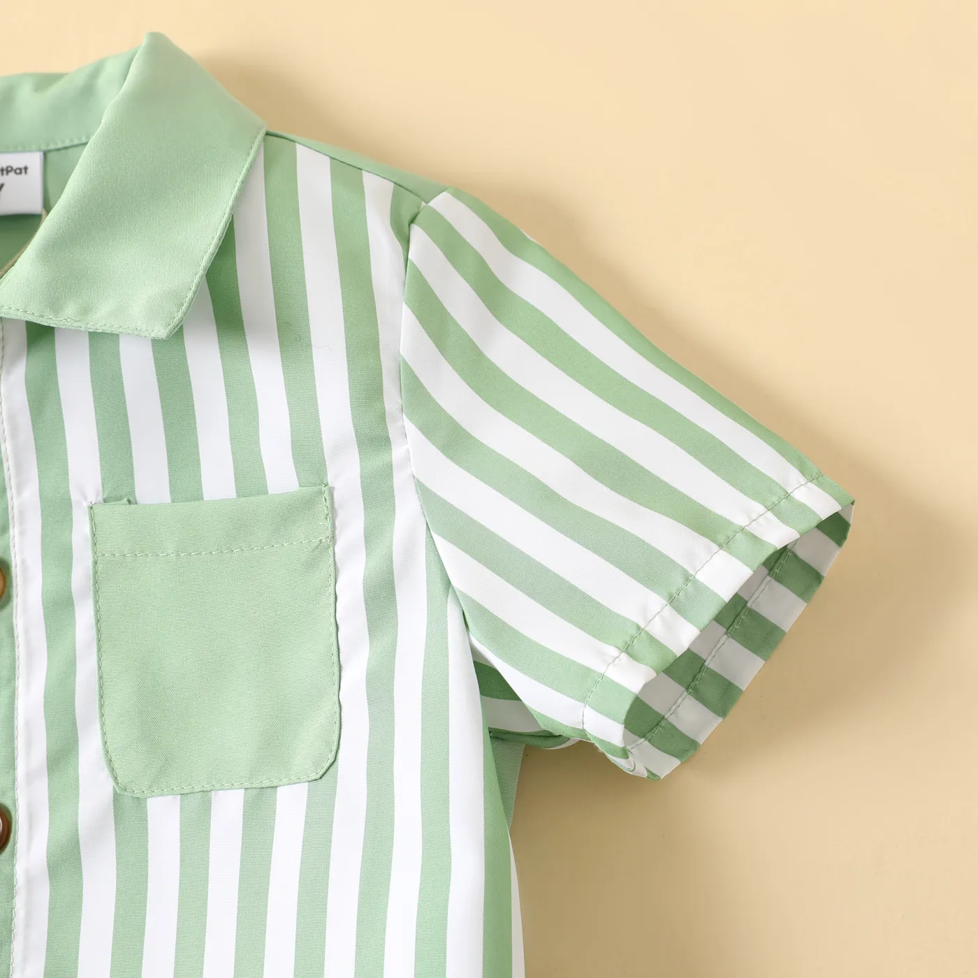2pcs Toddler Boy 100% Cotton Rolled Hem Shorts and Stripe Panel Shirt Set SpringGreen image 4