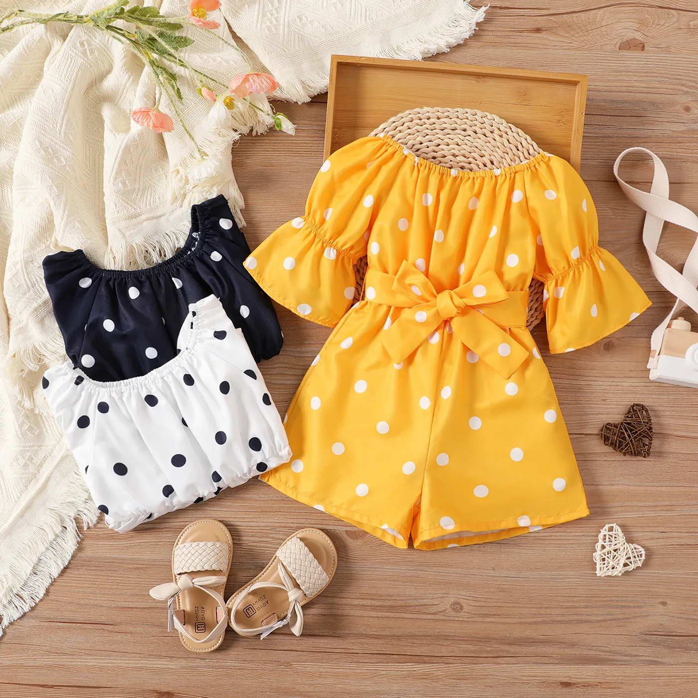 Toddler Girl Polka dots Bell sleeves Belted Romper Jumpsuit Shorts