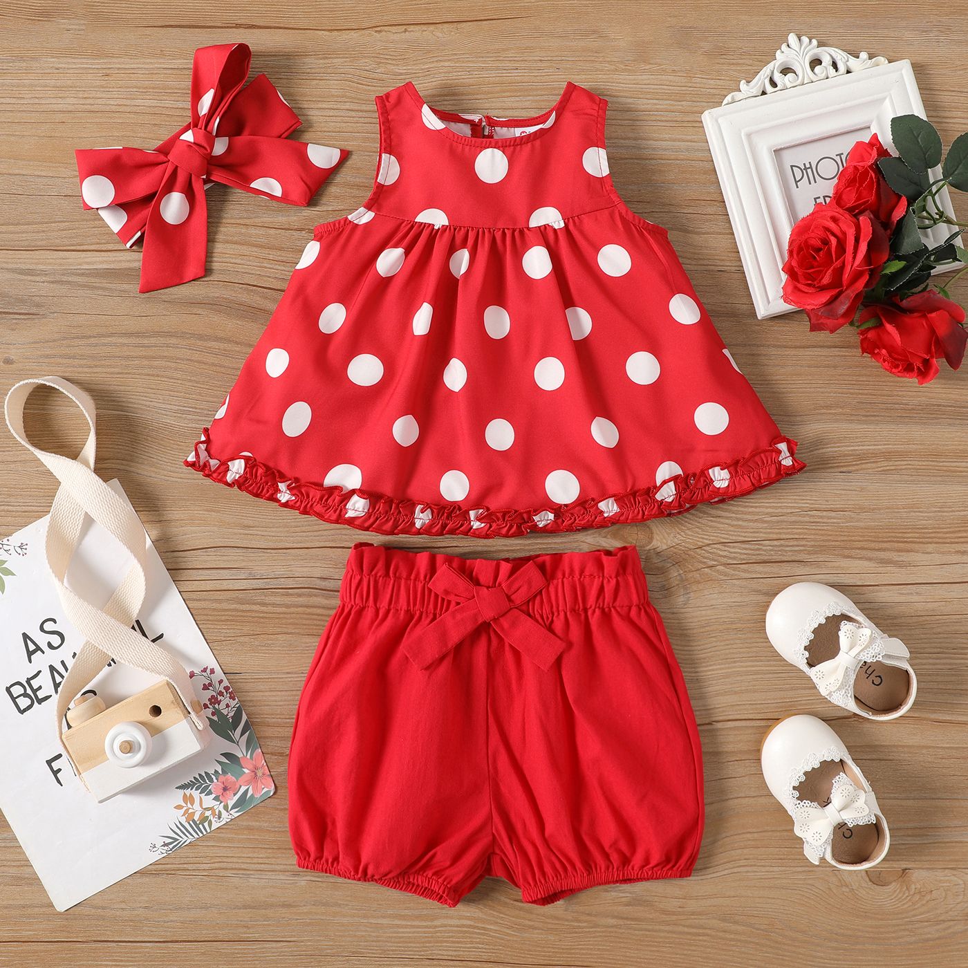 

3pcs Baby Girl 100% Cotton Red Shorts and Polka Dots Ruffle Hem Tank Top & Headband Set