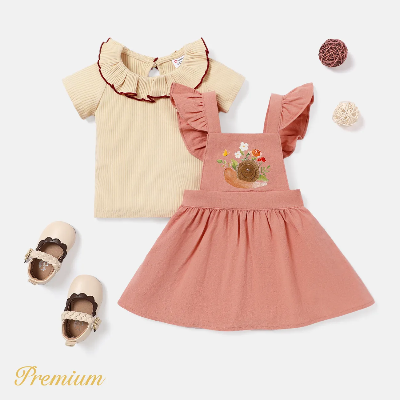 2pcs Baby Girl 100% Cotton Snail Print Ruffled Overall Dress and Short-sleeve Ribbed Tee Set  big image 1