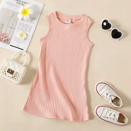 Toddler Girl Solid Color Ribbed Sleeveless Cotton Dress