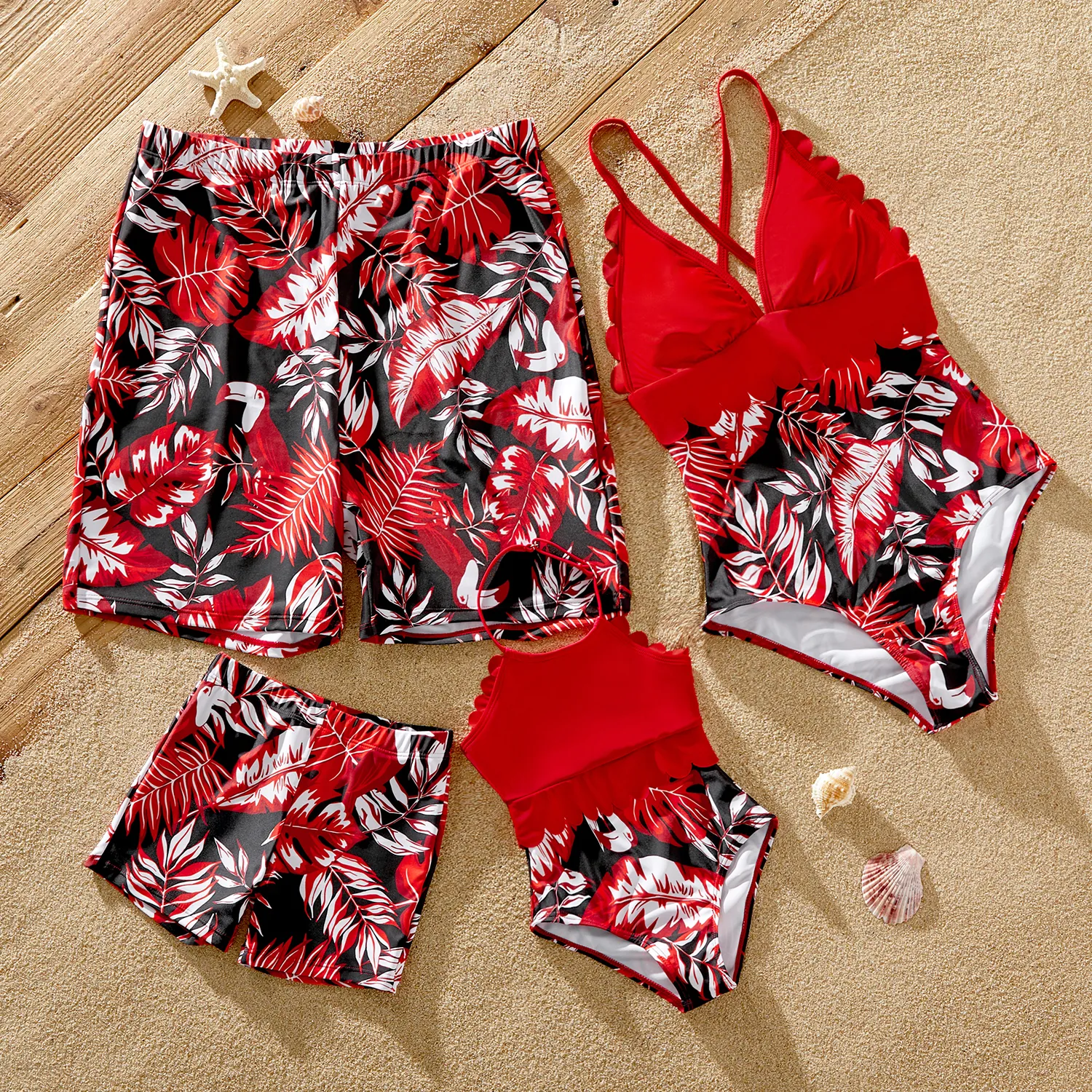 Family Matching Allover Plant Print Swim Trunks and Scallop Trim One-piece Swimsuit