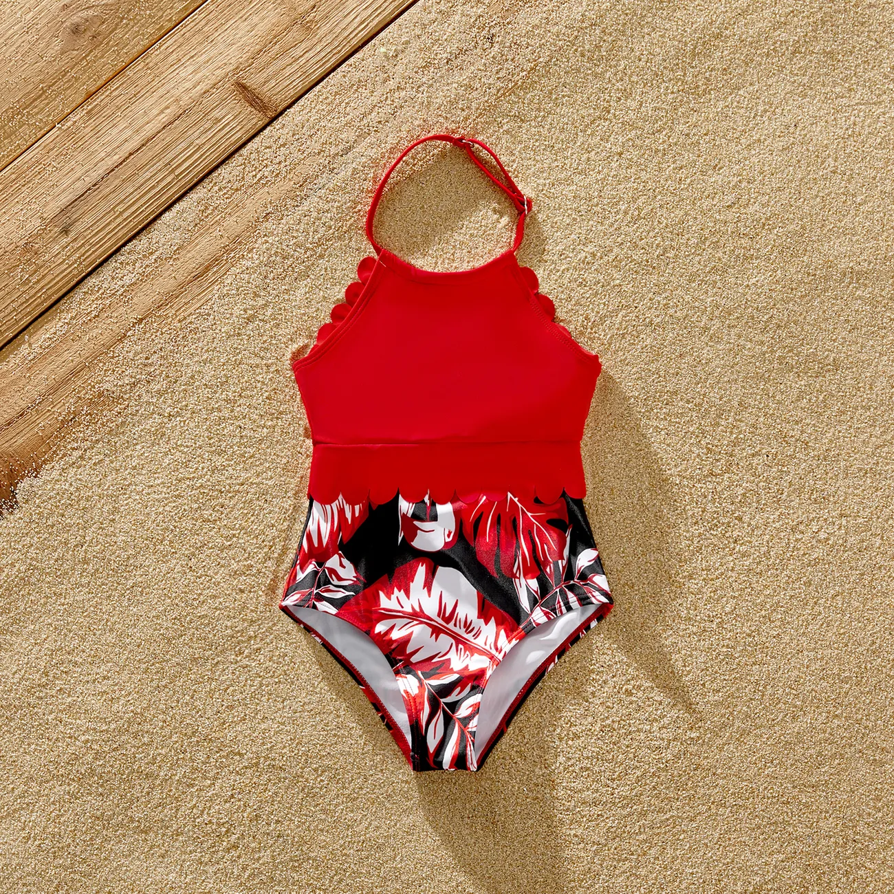 Family Matching Allover Plant Print Swim Trunks and Scallop Trim One-piece Swimsuit Red-2 big image 1