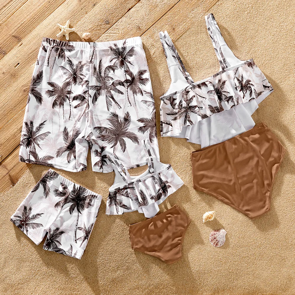 Family Matching Allover Coconut Tree Print Spliced Ruched One-piece Swimsuit and Swim Trunks big image 3