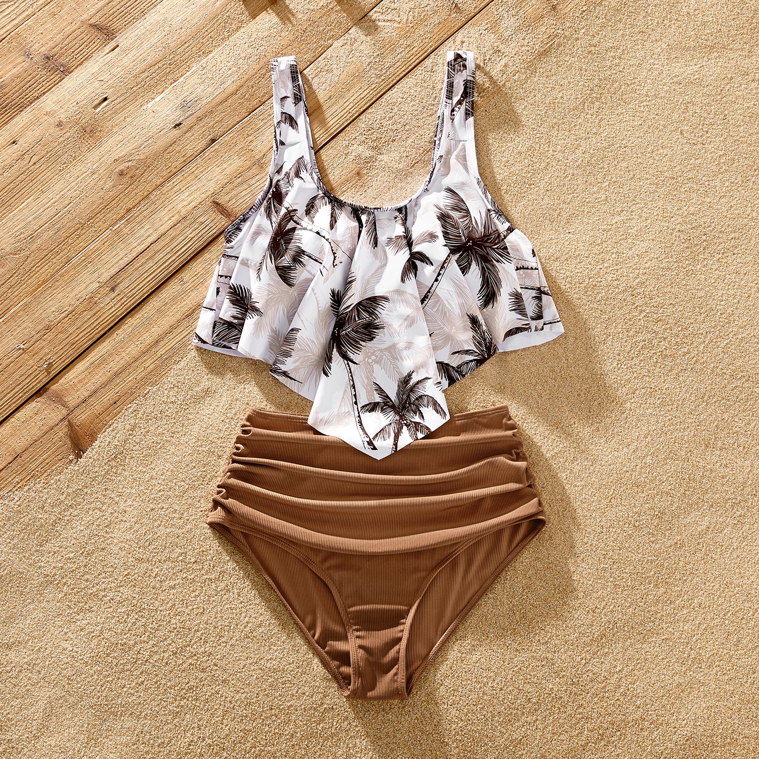 Family Matching Allover Coconut Tree Print Spliced Ruched One-piece Swimsuit And Swim Trunks