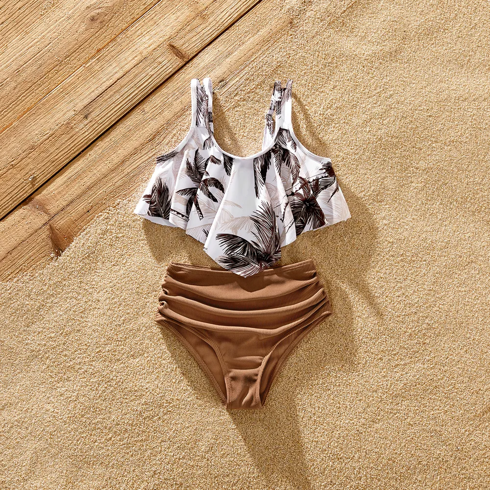 Family Matching Allover Coconut Tree Print Spliced Ruched One-piece Swimsuit and Swim Trunks  big image 6