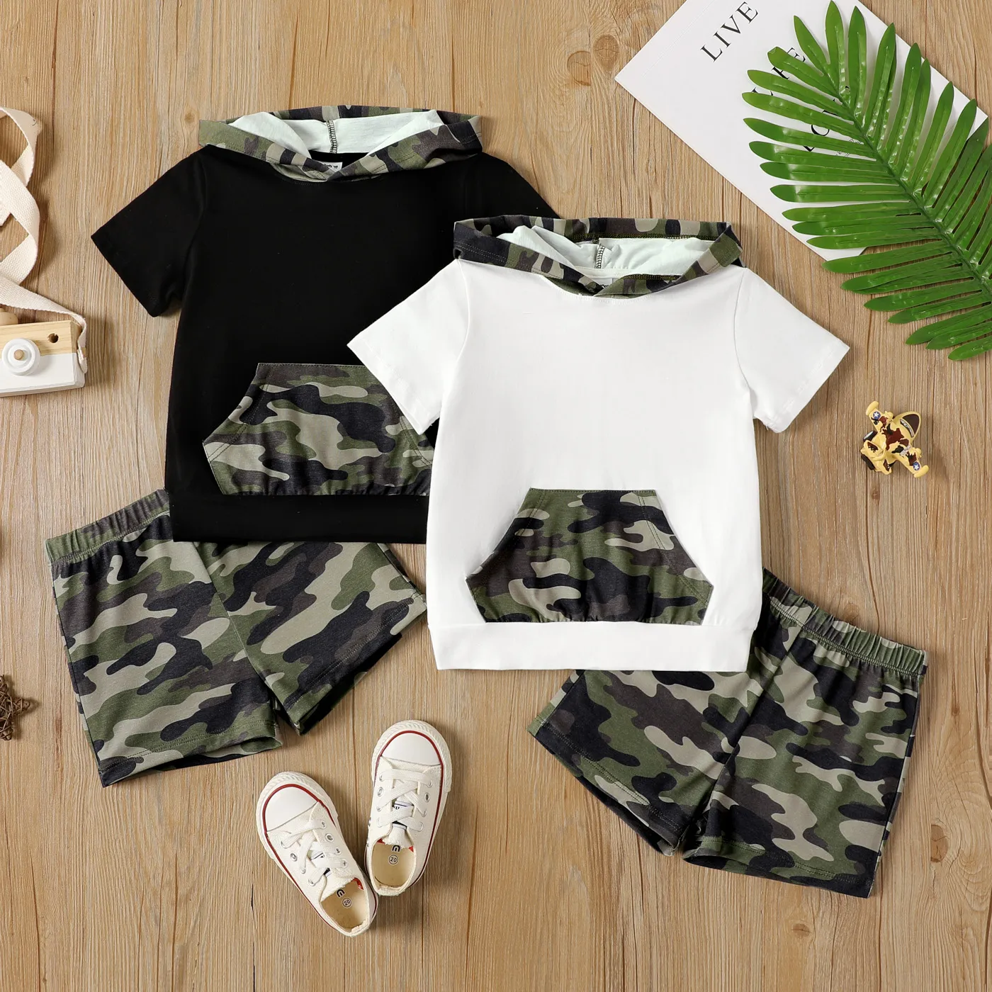 2pcs Toddler Boy Pocket Design Hooded Tee and Camouflage Print Shorts Set