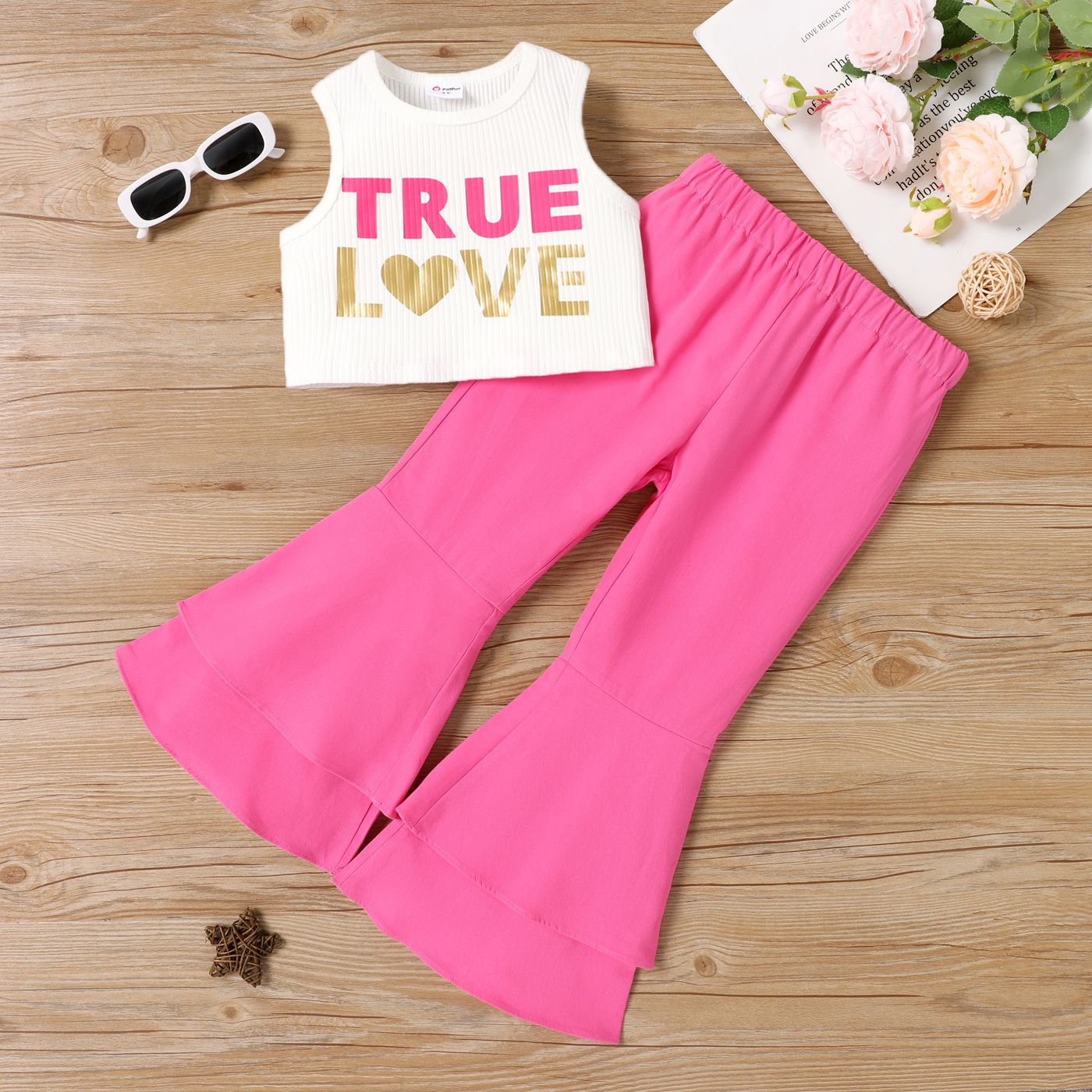 2pcs Toddler Girl Cotton Letter Print Tank Top And Flared Pants Set