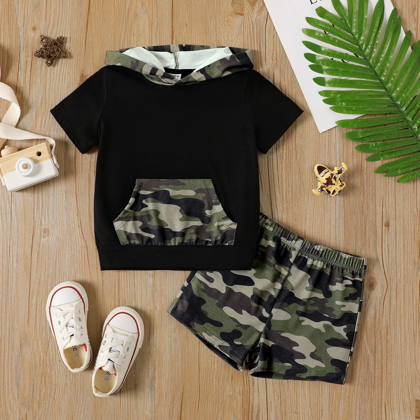 Ensemble De 2 T-shirts à Capuche Et Shorts à Imprimé Camouflage Pour Tout-petit Garçon