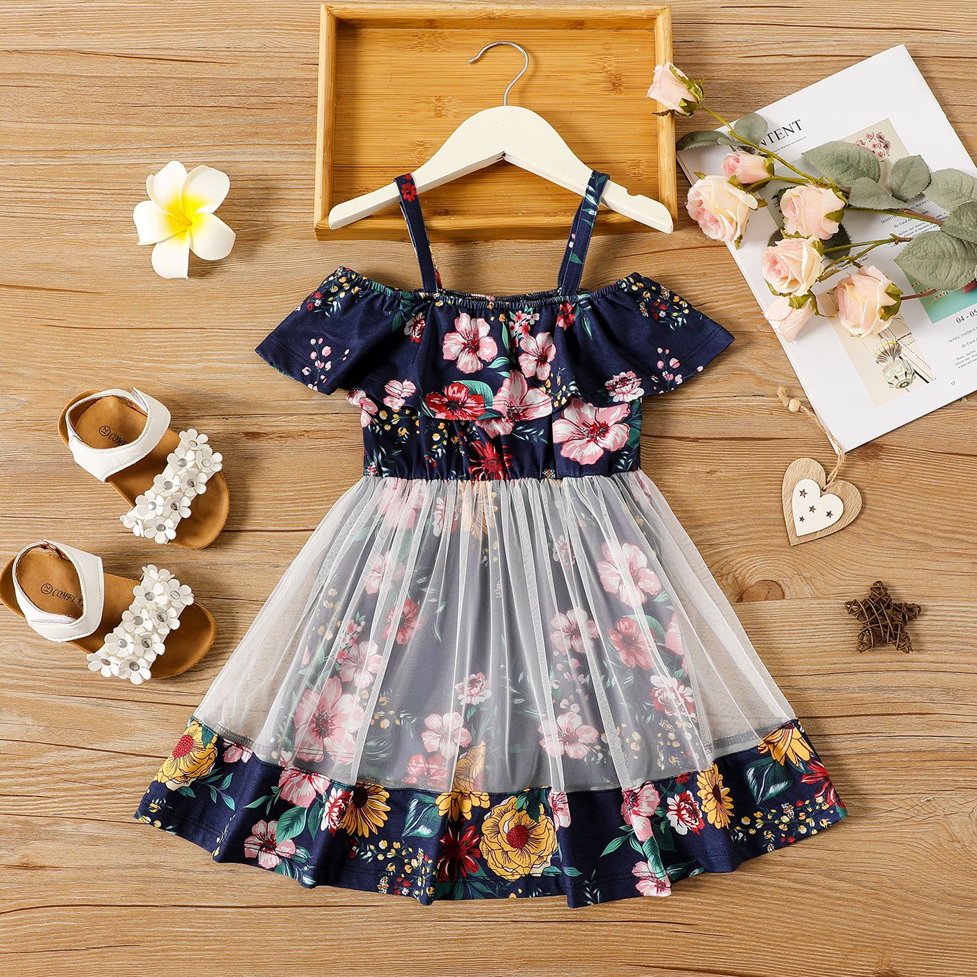 

Toddler Girl Naia Floral Print Flounce Mesh Design Slip Rompers