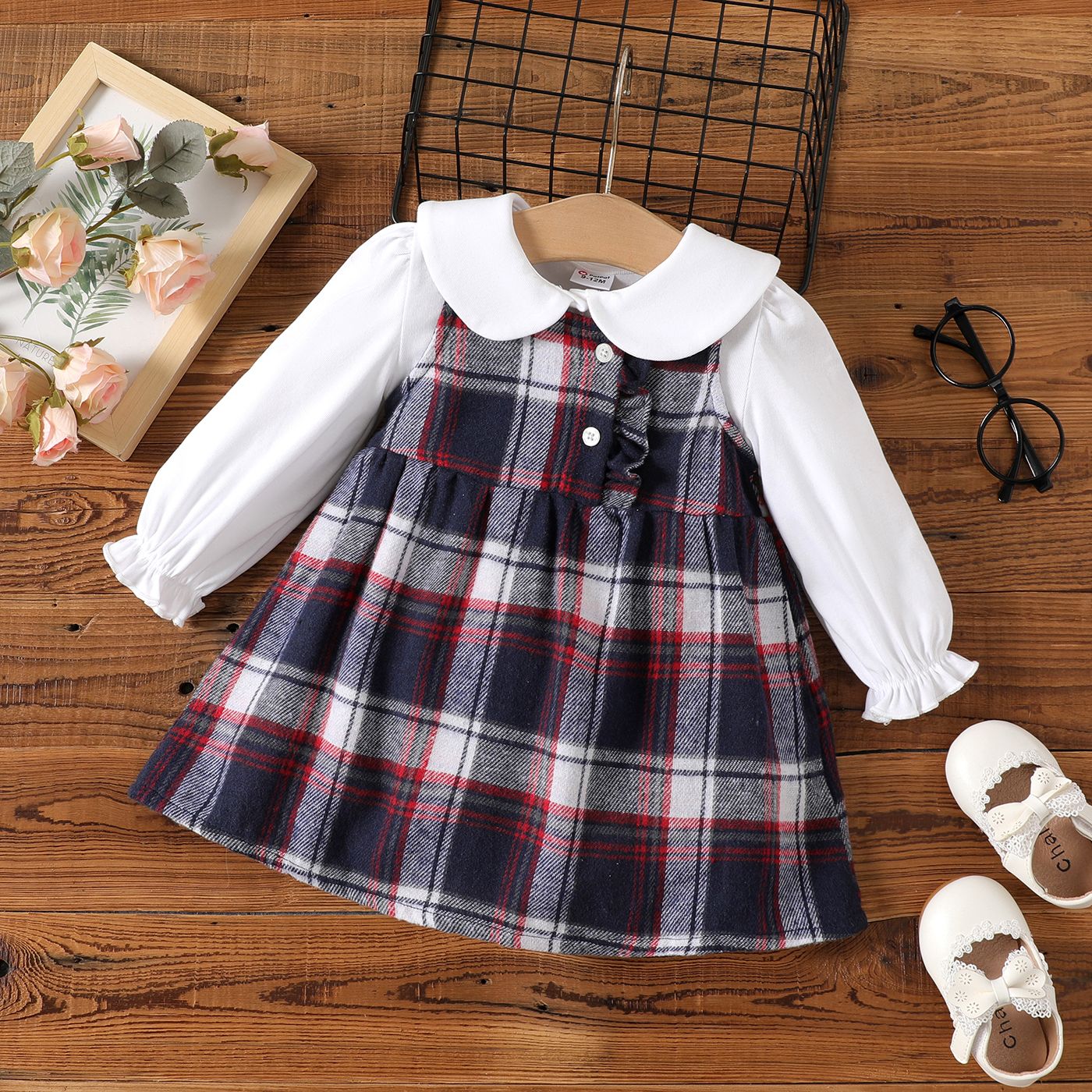 2pcs Baby Girl Cotton Peter Pan Collar Long-sleeve Romper And Plaid Dress Set