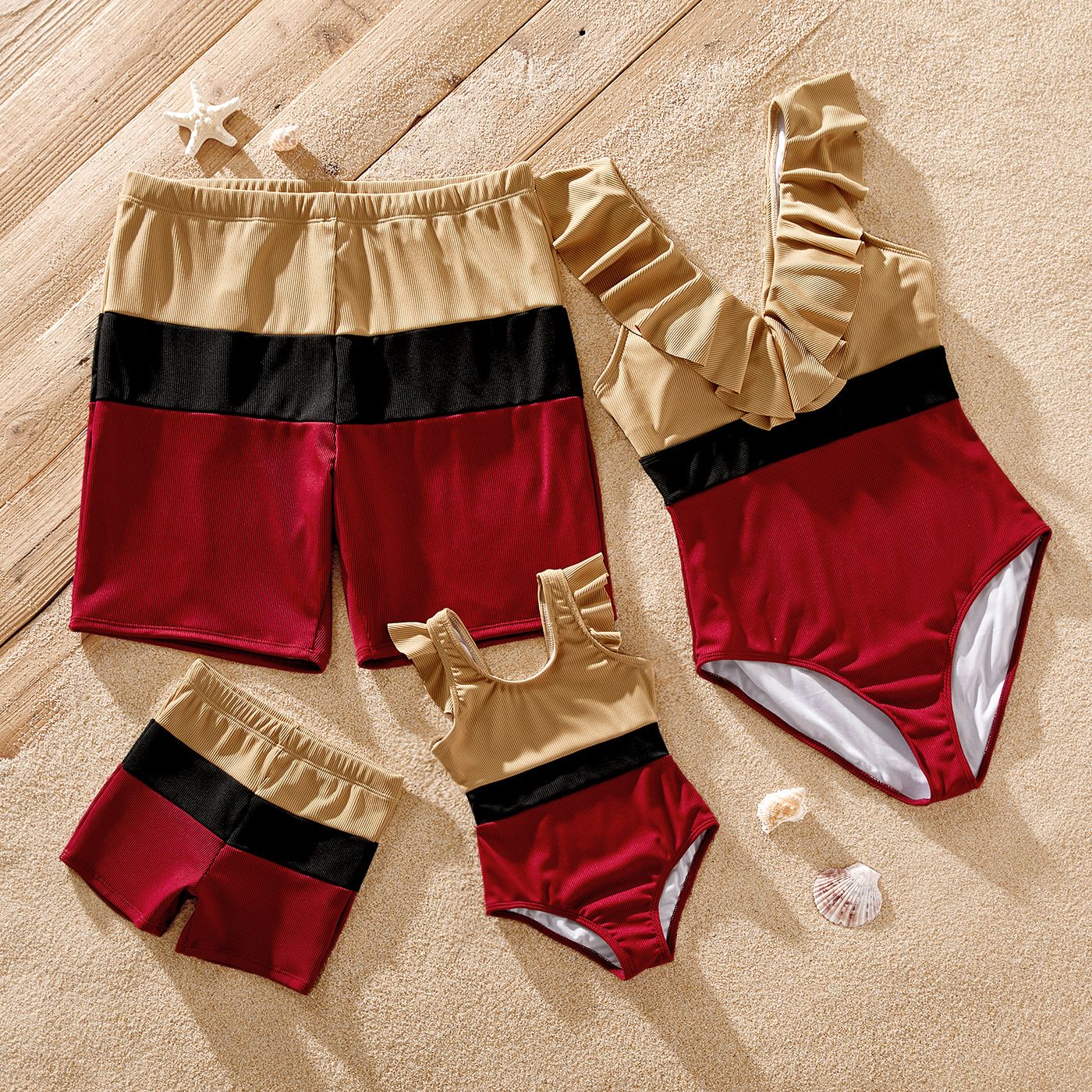 

Family Matching Colorblock Deep V Neck Ruffled One-piece Swimsuit or Swim Trunks Shorts