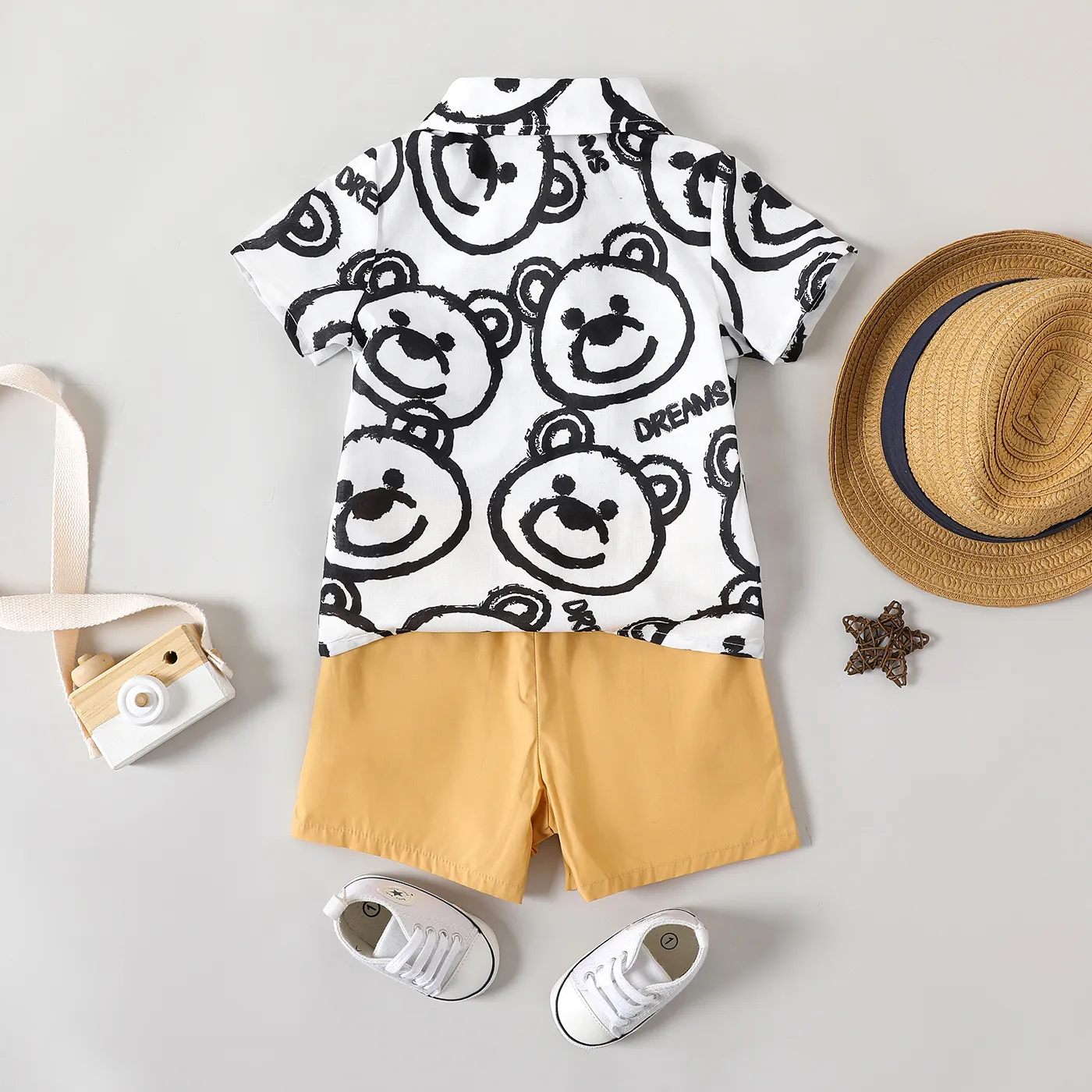 2pcs Toddler Boy Bear Print Lapel Collar Shirt and Elasticized Shorts Set White image 2